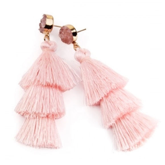 Blush pink tassel druzy earrings - Picture 2 of 2